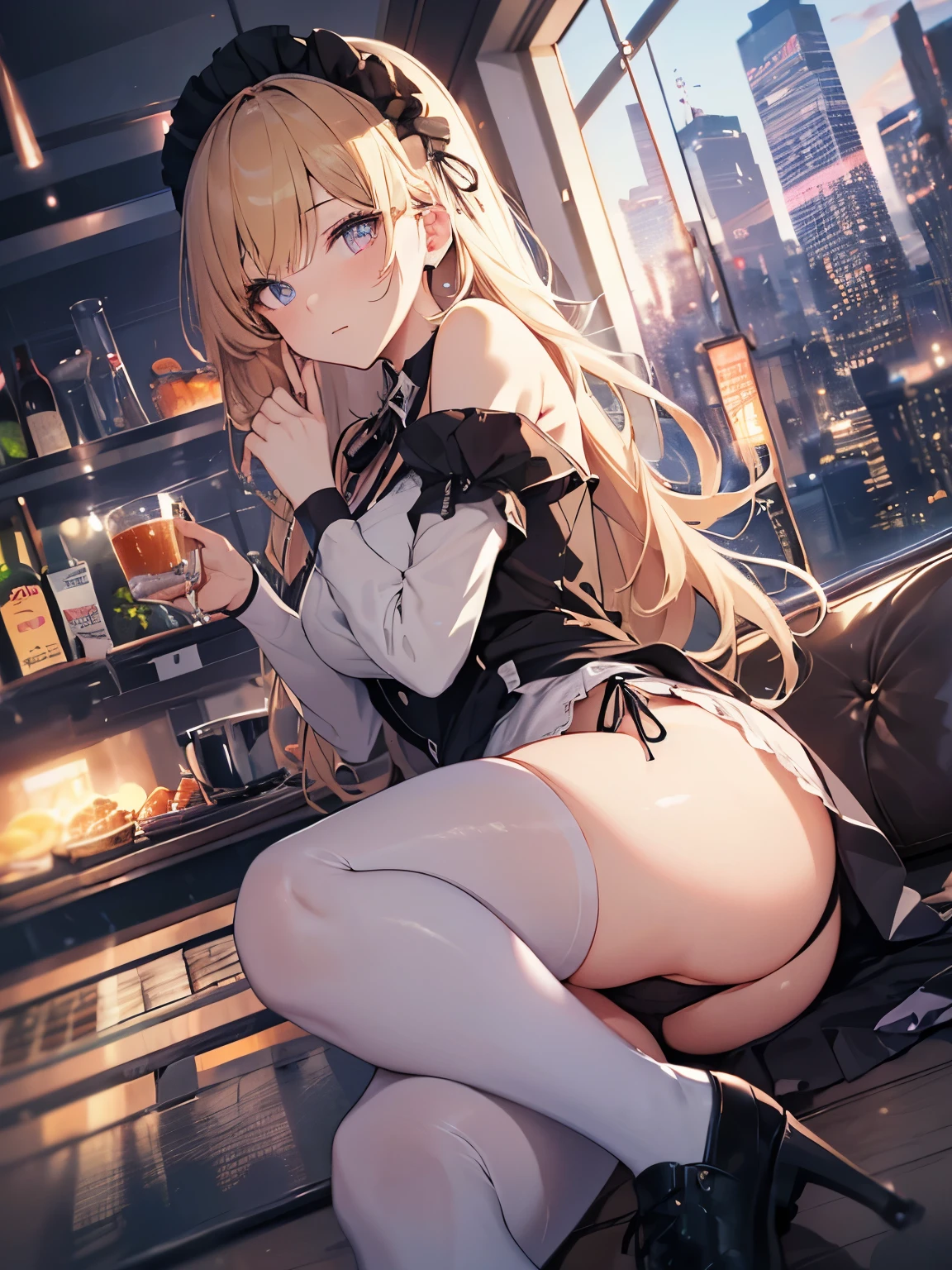 (official art、highest quality、Unity 8k wallpaper、32K、masterpiece、super detailed、超high resolution、realistic、Photoreal:1.2)、(cinematic lighting:1.2)、fire glow effect、film grain、best shadows、rim lighting、side light、(Super detailed and complex 3D rendering)、Background like Makoto Shinkai、detailed beautiful face and eyes、(Beautiful and sharp pupils)、masterpiece, high resolution、highest quality, ultla highres, maximum resolution, very detailed, professional lighting, beautiful skin, 28 year old woman、very pretty、Brooklyn、Inside the cafe、sofa、waitress、Maid clothes、work at a cafe、Maid clothes、skirt、dress lift、(panties:1.5)、shoes下、shoes、bright hair color、blonde、bangs、dull bangs、squint your eyes、Niyashi、a seductive look、The girl is looking to the side、Wide angle、angle from below、(((Precise human body structure、Correct and accurate number of limbs、Correct and accurate number of fingers)))