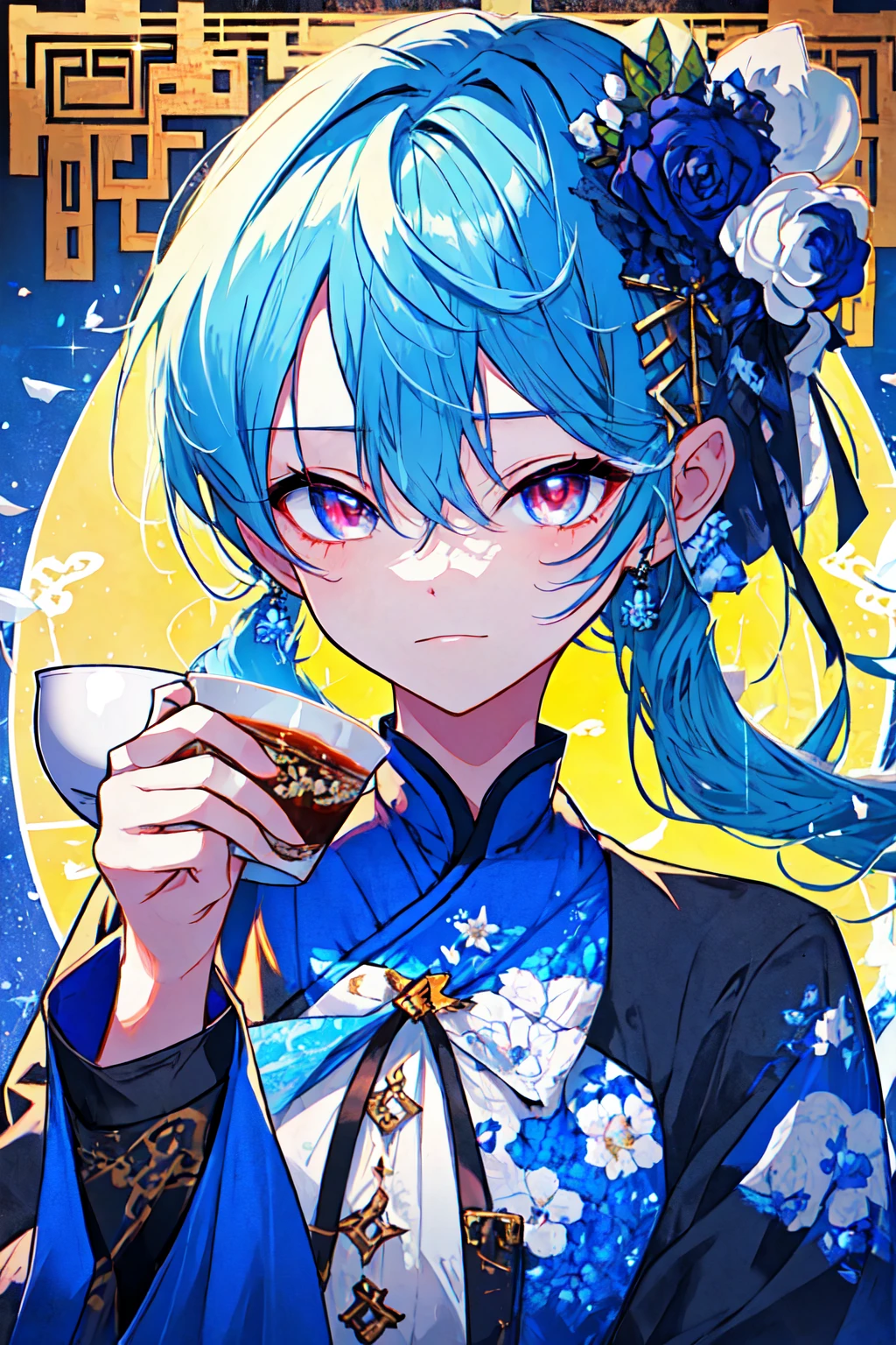 (), (sharp eyes), solo, (perfect face), (detailed outfit), closed mouth, soft smile, (holding a tea cup:1.5), (lunar new year), blue hair, sidelocks, hair between the eyes, bangs, short hair, (neck-length hair), pink eyes, fair skin, medium breasts, (flower ornament), (hairclips), (fingerless gloves), outdoor, blue night, (blue starry sky), (bright), (effects), (masterpiece), (best quality), (sharp focus), (depth of field), (high res), (beautiful lighting),