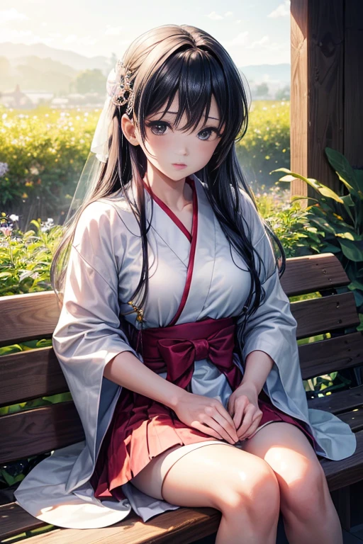 A woman sitting on a bench in the building,(best quality, 4K, high resolution, actual:1.37), Super detailed, professional, bright colors, portrait, landscape, soft light, (Beautiful and delicate eyes:1.1, Beautiful and delicate lips:1.1, Extremely detailed eyes and face:1.1, long eyelashes:1.1), Mina Kamishiro, ayami kojima, Yoshihito Nara, Chihaya, Kojima Diariamai, Kazumi Kazumi, Yuka Kazami, singer shiro, Akemi Takeda, Tomitsu Midsuke, Later Ma