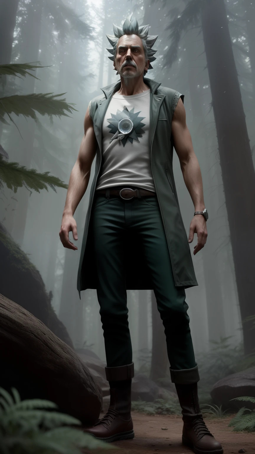 (Rick Sanchez), (estilo cartoon), Rick e Morty Universo, humano, in the forest full length looking facing the camera (Vestindo um casaco branco de um cientista e camiseta com uma imagem dele e Morty ), (((muscular))) Atey Ghailan, por Jeremy Mann, Greg Manchess, Antonio Moro, trends on artstation, trends at CGSociety, Intricado, alto detalhe, sharp focus, dramatic, arte de pintura fotorrealista de Midjourney e Greg Rutkowski
