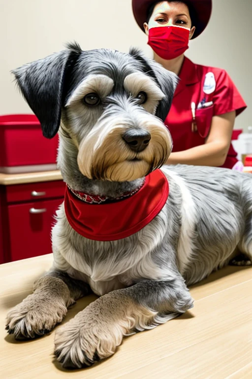  Very furry schnauzer dog with red bandana around its neck is lying on a veterinary table Receiving a massage treatment from a woman western nurse specializing in dog health setting canine veterinary clinic.

