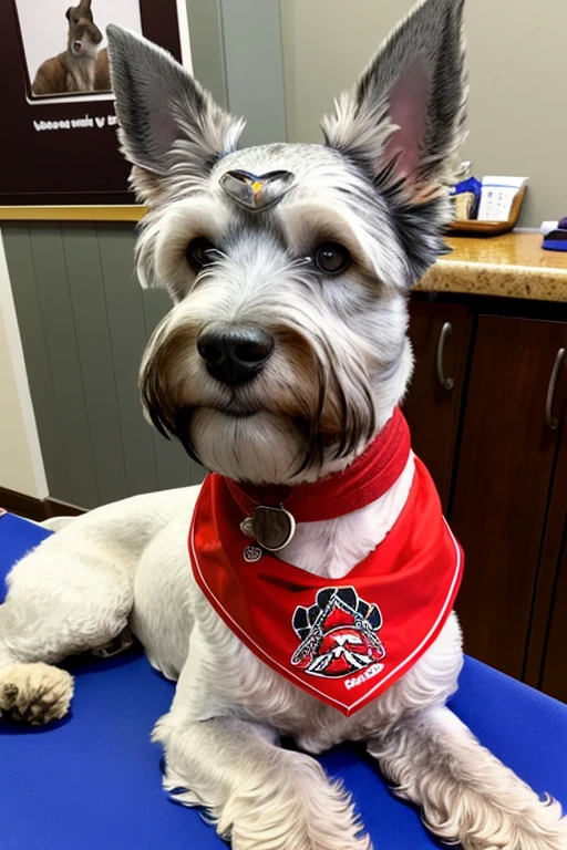  Very furry schnauzer dog with red bandana around its neck is lying on a veterinary table Receiving a massage treatment from a woman western nurse specializing in dog health setting canine veterinary clinic.


