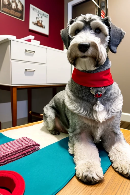  Very furry schnauzer dog with red bandana around its neck is lying on a veterinary table Receiving a massage treatment from a woman western nurse specializing in dog health setting canine veterinary clinic.

