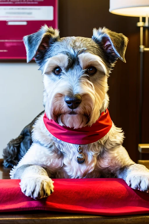  Very furry schnauzer dog with red bandana around its neck is lying on a veterinary table Receiving a massage treatment from a woman western nurse specializing in dog health setting canine veterinary clinic.

