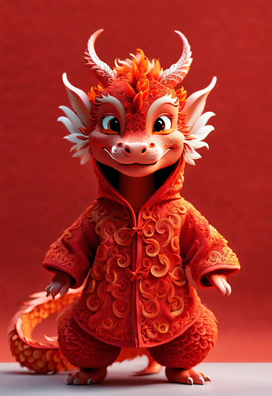 3d rendering, realistic fur, red wallpaper, Simple modern style, beautiful wallpaper, Super skinny naughty red and orange zodiac dragon baby dances playfully, frontal portrait, (looking at camera), Beijing, 🦑   design, (Wearing an embroidered hoodie), (monogrammed hoodie "AI": 1.37)，Paper art style ,
