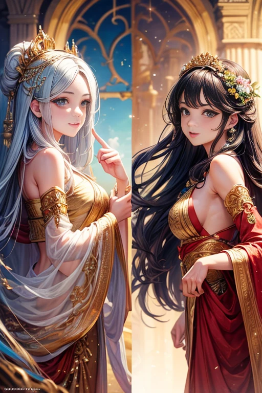 (same characters, front, side, Back), (whole body), (((Multiple views of the same role))), Beautiful and delicate eyes, Detailed lips, Colorful costumes, flowing hair, confident facial expression, dynamic poses, Vibrant Background, natural lighting, Realistic skin texture, high resolution images, Realistic style, bright colors, bokeh lighting, professional artwork, Oil painting medium