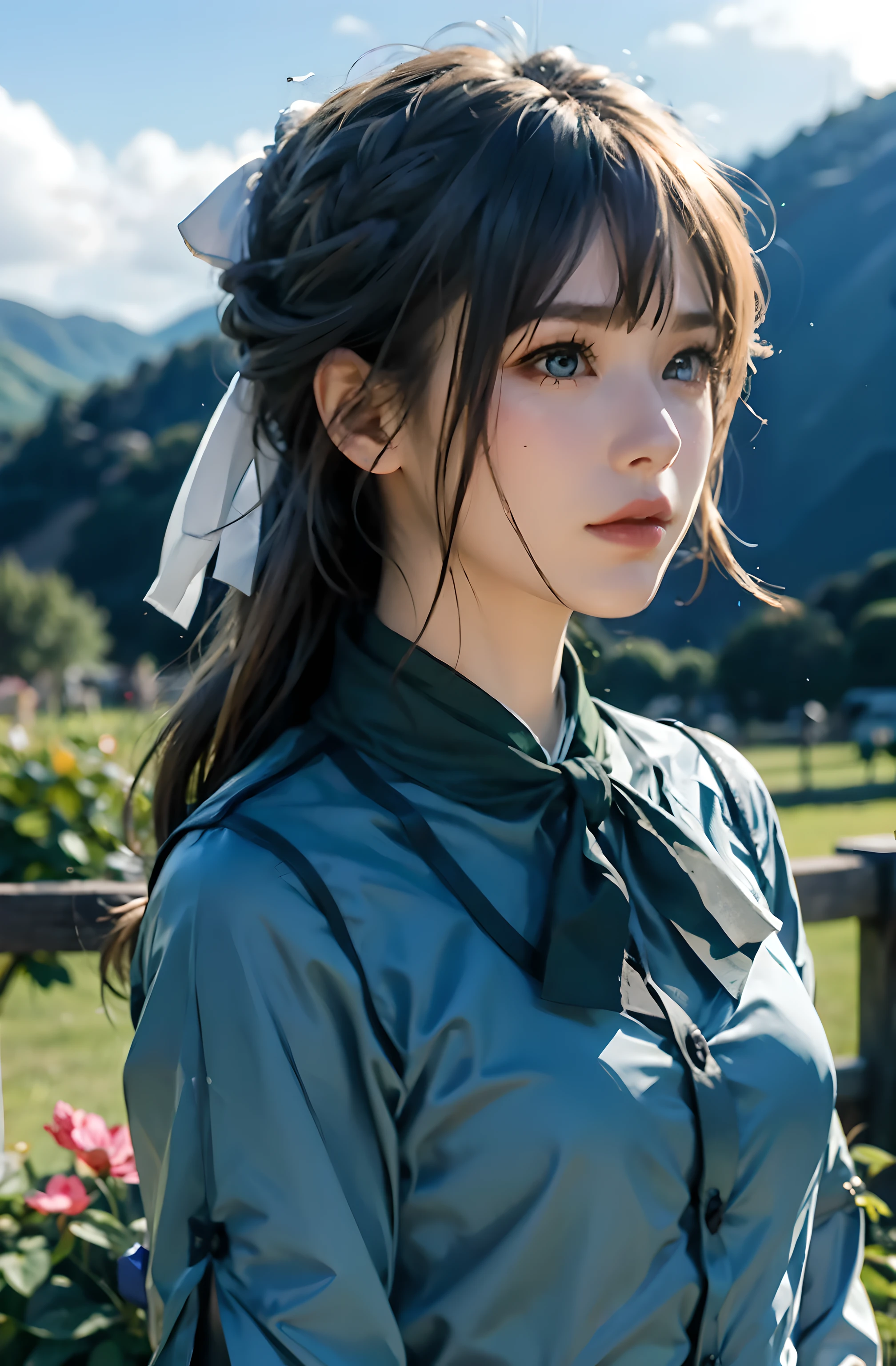 purple, 1 girl, alone, looking at the audience, blue eyes, blonde hair, ribbon, hair between eyes, Green gemstones, close your mouth, jacket, hair ribbon, Upper body, braid, outdoor, Sky空, Sky, cloud, red ribbon, blue Sky空, ascot, hair intake, blue jacket, brooch, white ascot, masterpiece
