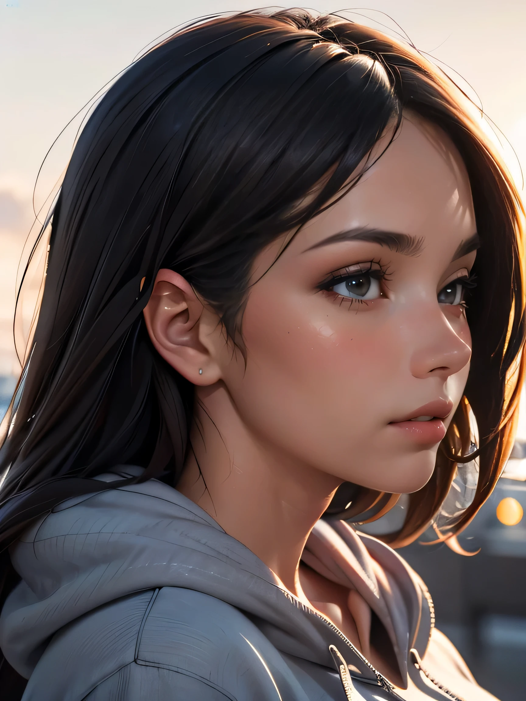 (((HD photo))), ultra high res.photorealistic:. 1.4, UHD, masterpiece, trending on artstation, side profile shot, close up, portrait, pretty, cute girl, most beautiful in the world, perfect hips, soft, delicate, long dark hair, large breasts, wearing grey hoodie, sunkissed, minimal background