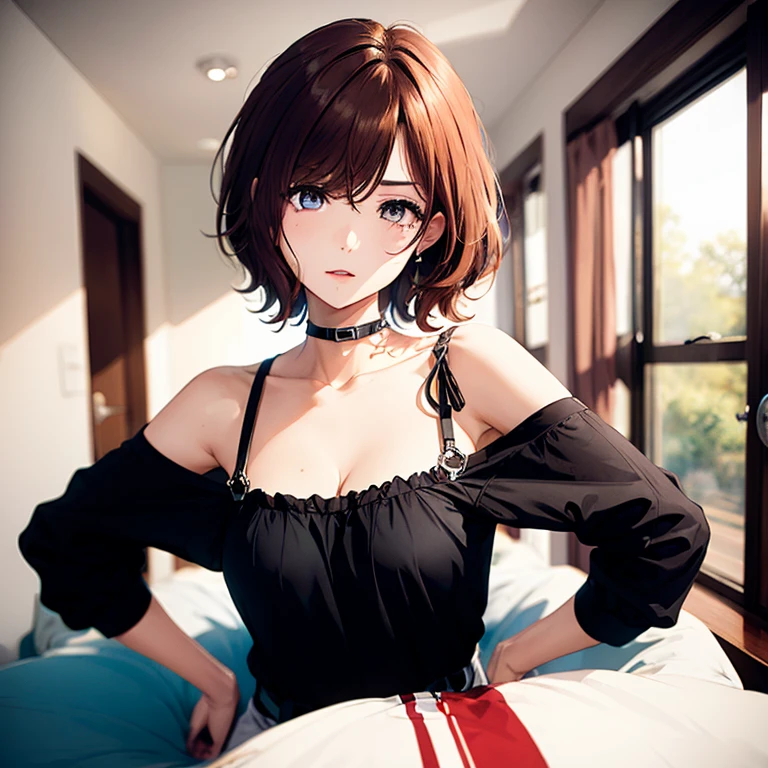 ultradetail(eye:1.7),highest quality、Highest image quality、on the bed、beautiful cleavage、disheveled clothing、slender、Humiliated face、doggypose、ultradetail、small breasts