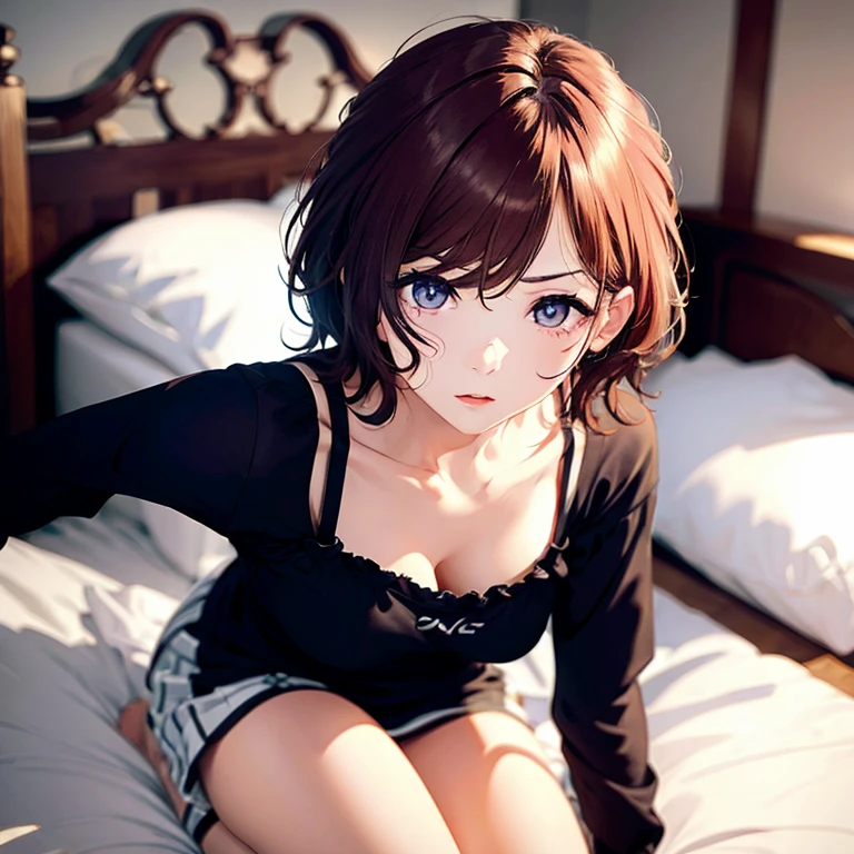 ultradetail(eye:1.7),highest quality、Highest image quality、on the bed、beautiful cleavage、disheveled clothing、slender、Humiliated face、doggypose、ultradetail、small breasts