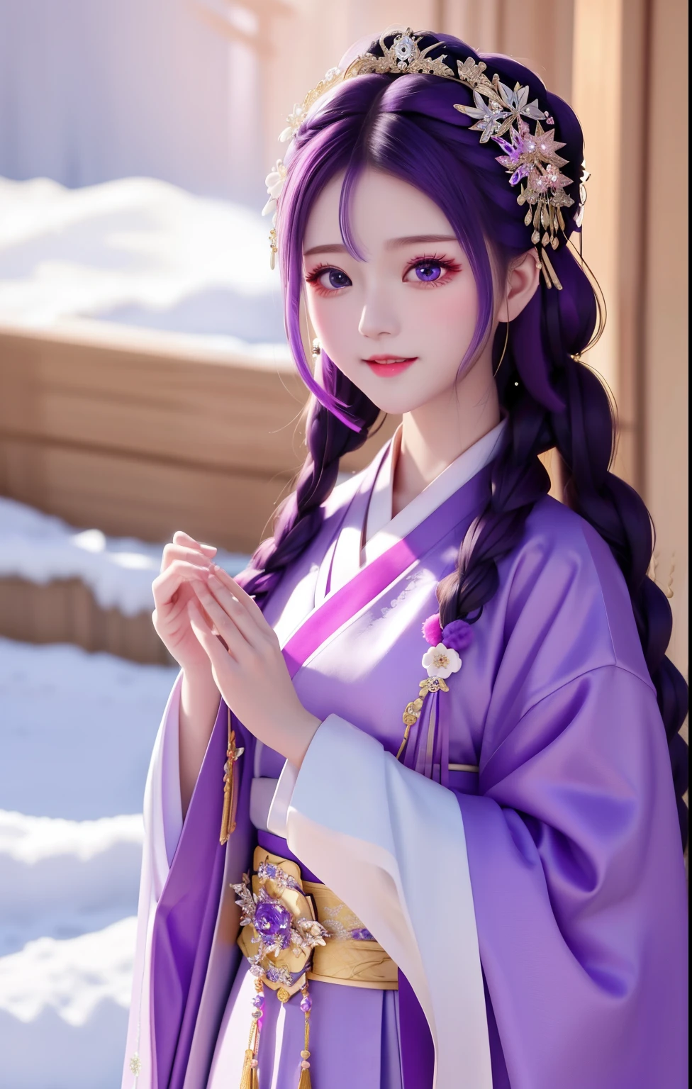 Bright purple robe, Hanfu long skirt, big eyes, masterpiece absolutely beautiful, 1 female, close up. close up, A healing smile, snow scene, 4k quality, twisted braids, Princess Hairstyle Princess Haircut, Simple hair accessories, plum bossom, People cannot forget its beauty when they see it