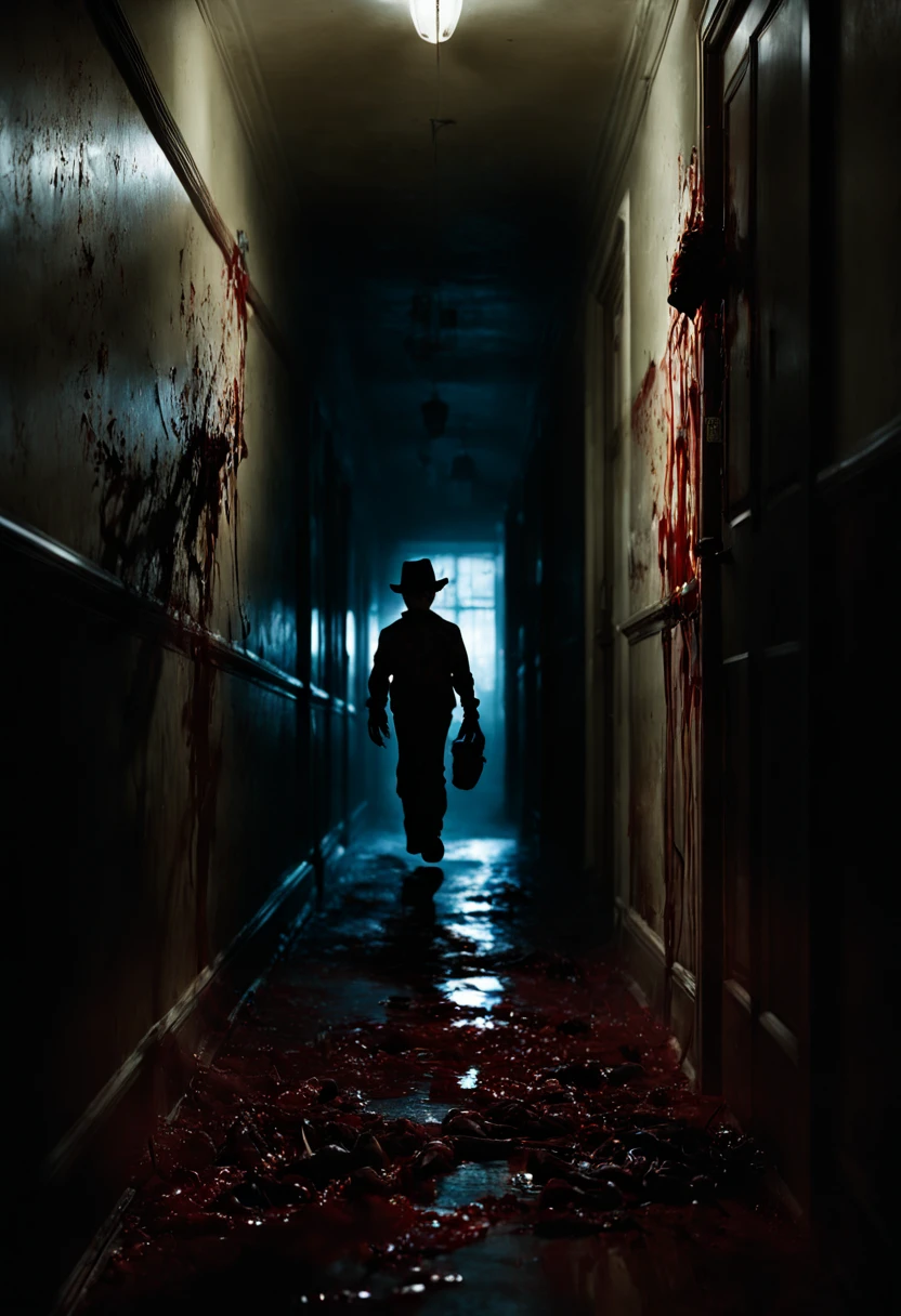 A long dark scary hallway. At the back of the corridor stands Freddy Krueger with his glove. Casts a huge shadow. Multiple layers . Double exposure. Shadows. A glove with razors. Blood and mold leaks . Ghosts of children playing jump rope. Dramatic light. Shadows intensifying the atmosphere of horror. Hyperdetailing. 32k "A Nightmare on Elm Street" movie 1984.