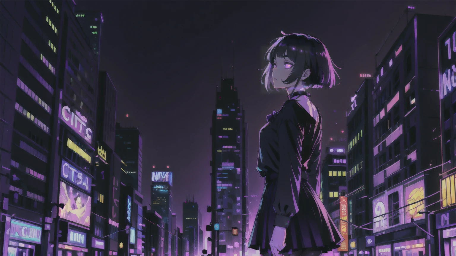 neon palette, 1girl, (masterpiece), short black hair, side swept bangs, dark purple eyes, oversized black shirt, black skirt, black pantyhose, black choker on neck. (purple gradient night time city background:1.5)