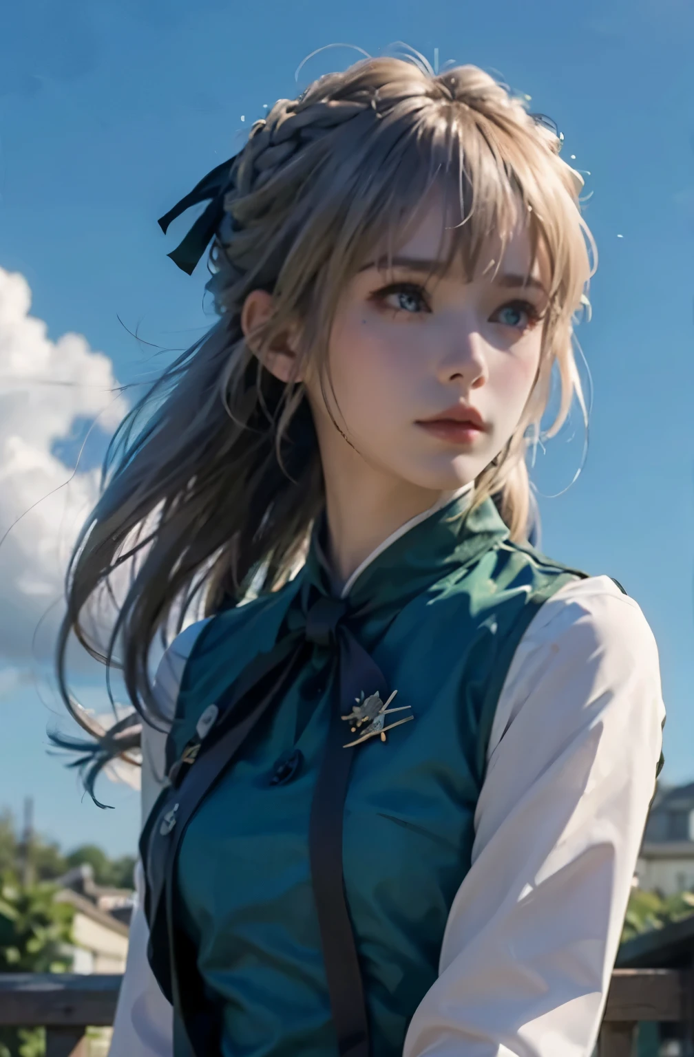 purple, 1 girl, alone, looking at the audience, blue eyes, blonde hair, ribbon, hair between eyes, Green gemstones, close your mouth, jacket, hair ribbon, Upper body, braid, outdoor, Sky空, Sky, cloud, red ribbon, blue Sky空, ascot, hair intake, blue jacket, brooch, white ascot, masterpiece