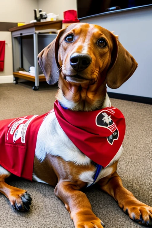  Dachshund dog with red bandana around its neck is lying on a veterinary table Receiving a massage treatment from a female western nurse specializing in dog health setting canine veterinary clinic.

