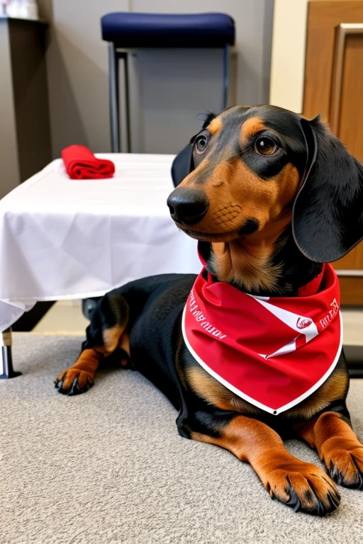  Dachshund dog with red bandana around its neck is lying on a veterinary table Receiving a massage treatment from a female western nurse specializing in dog health setting canine veterinary clinic.

