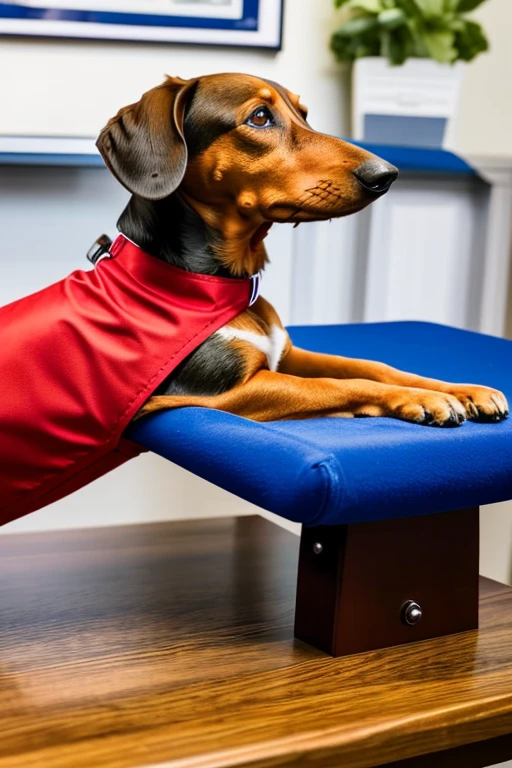  Dachshund dog with red bandana around its neck is lying on a veterinary table Receiving a massage treatment from a female western nurse specializing in dog health setting canine veterinary clinic.

