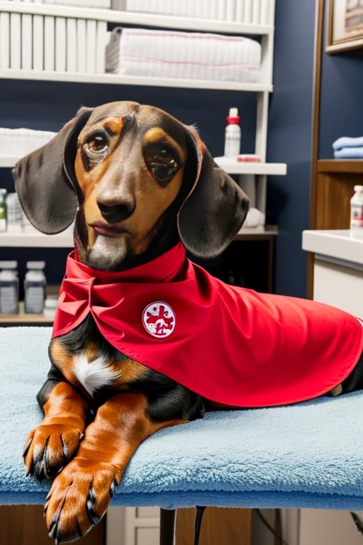  Dachshund dog with red bandana around its neck is lying on a veterinary table Receiving a massage treatment from a female western nurse specializing in dog health setting canine veterinary clinic.

