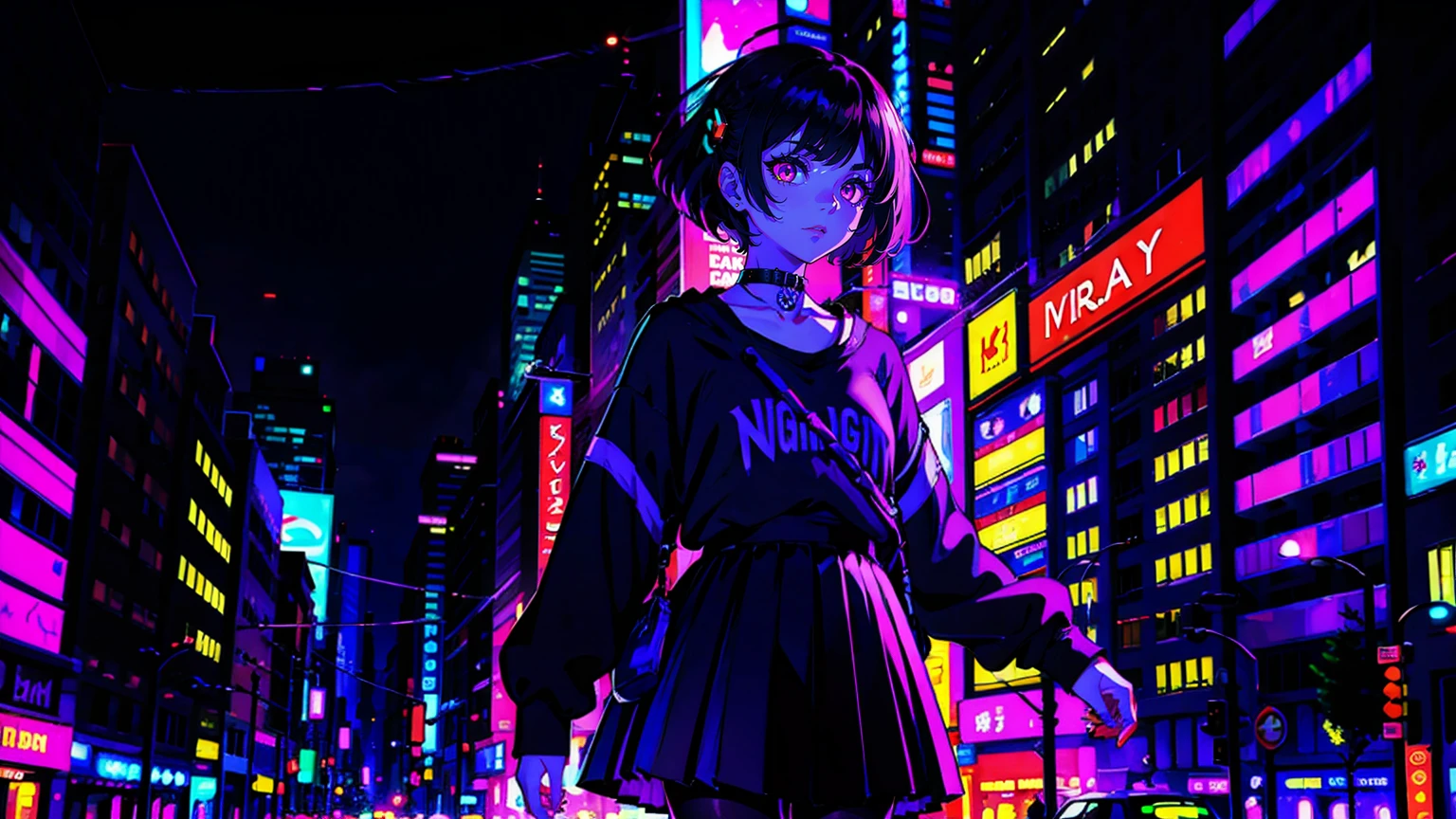 neon palette, 1girl, (masterpiece), short black hair, side swept bangs, dark purple eyes, oversized black shirt, black skirt, black pantyhose, black choker on neck. (purple gradient night time city background:1.5)