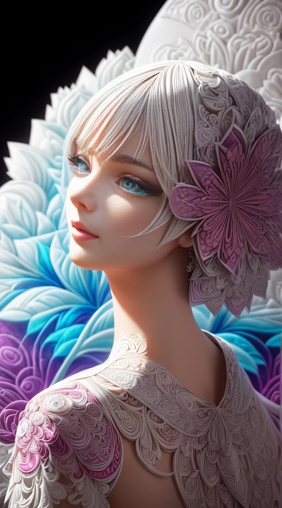 （Silhouette of a beautiful woman,Colorful Kelsang flowers)，White background，(paper art, Quilted paper art:1.2, geomerty:1.1, zentangle,a 3D render), (Extremely colorful, Best quality, Detailed details, Masterpiece, offcial art, movie light effect, 4K)