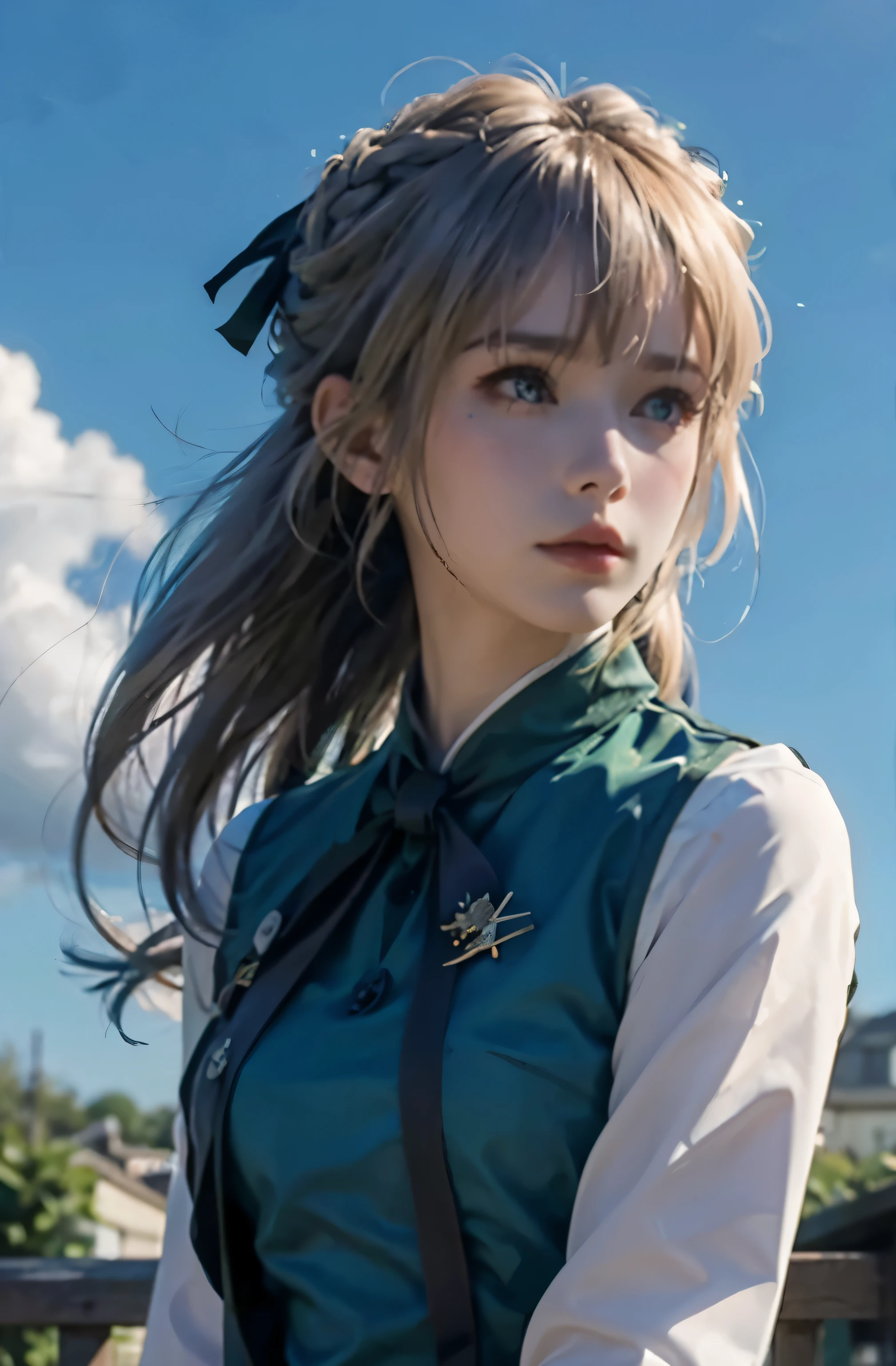 purple, 1 girl, alone, looking at the audience, blue eyes, blonde hair, ribbon, hair between eyes, Green gemstones, close your mouth, jacket, hair ribbon, Upper body, braid, outdoor, Sky空, Sky, cloud, red ribbon, blue Sky空, ascot, hair intake, blue jacket, brooch, white ascot, masterpiece 