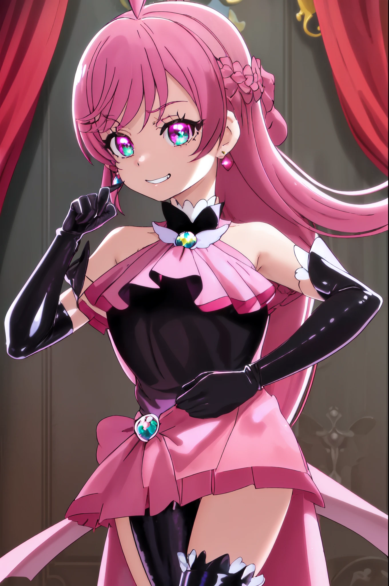 best quality, ultra detailed,1girl, solo, ((cure_prism_hirogaruskyprecure)), long hair, green eyes, pink hair, bow, bangs, black bow, 1girl, braid, gloves, holding, looking at viewer, black gloves, earrings, black skirt with frills, small breast, black enamel boots, open, mouth, evil smirk, devilish smile, (shiny fabric:1.5), full body shot, purple gem, seductive pose, blush, demon tail, (beautiful detailed eyes:1.6), extremely detailed face, perfect lighting, extremely detailed CG, (perfect hands, perfect anatomy), red and black color scheme, shiny material, smirks, black ribbon, black satin gloves, (single bat wing on back), (dark energy ball on hand), black frills, jewelry, corruption, latex shine, black gothic cloak, velvet curtain in the background, black rose ornament, purple mesh,