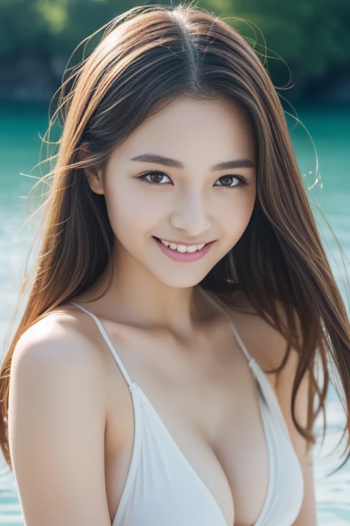 High resolution, RAW photo, realistic, very delicate and beautiful, very detailed, finely, super detailed, (highest quality, 8K, 32K, masterpiece, UHD:1.2), Photo of Pretty Japanese model, swimsuit、beautiful and detailed face, Beautiful clear long eyes, delicate figure, expensive, surreal, Turn here、smile、I'm pouring water here、in the sea、