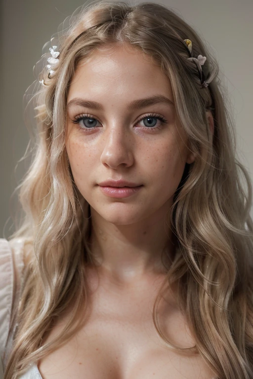 (best quality,highres,ultra-detailed),(realistic,photorealistic:1.37),(HDR,UHD),(professional,vivid colors),(portrait:1.2),(soft lighting),(blonde,gray,long,wavy hair),(beautiful detailed eyes),(delicate nose),(soft and delicate lips),(gentle smile),(charming gaze),(pale skin with freckles),(American woman),(25 years old),(gray eyes),(sweet expression)