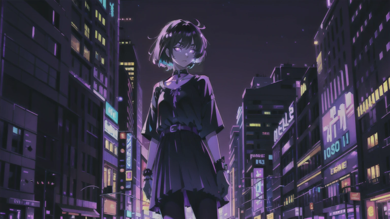 neon palette, 1girl, (masterpiece), short black hair, side swept bangs, dark purple eyes, oversized black shirt, black skirt, black pantyhose, black choker on neck. (purple gradient night time city background:1.5)