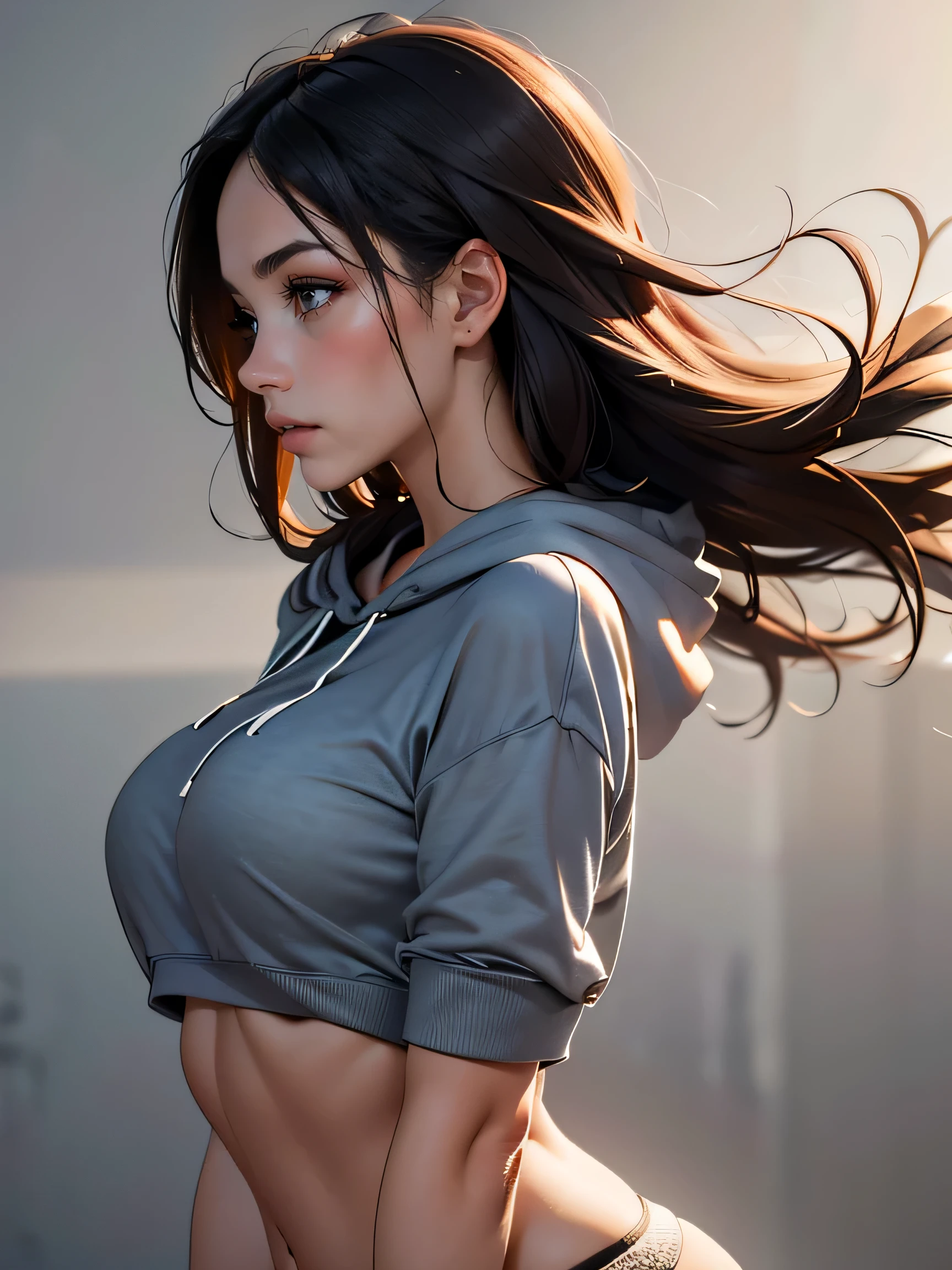 (((HD photo))), ultra high res.photorealistic:. 1.4, UHD, masterpiece, trending on artstation, side profile shot, close up, portrait, pretty, cute girl, most beautiful in the world, perfect hips, soft, delicate, long dark hair, large breasts, wearing grey hoodie, sunkissed, minimal background