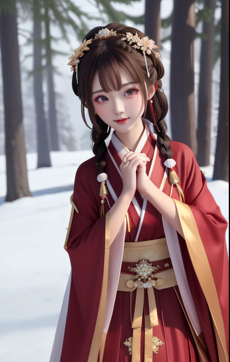 Bright red robe, Hanfu long skirt, big eyes, masterpiece absolutely beautiful, 1 female, close up. close up, A healing smile, snow scene, 4k quality, twisted braids, Princess Hairstyle Princess Haircut, Simple hair accessories, plum bossom, People cannot forget its beauty when they see it
