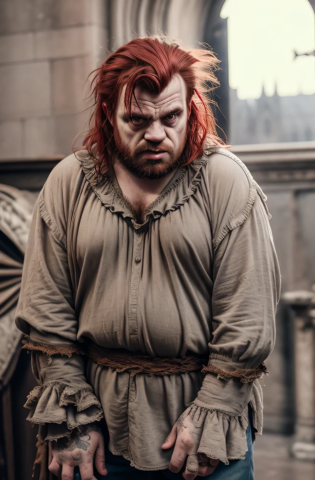 realistic portrait of a man aged 35 as Quasimodo, sinister, gloomy, distorted face, crooked nose, growths, pimples, jagged, ruffled bristly red hair, hunchbacked dwarf, dressed in dirty rags, dark cathedral interior in the background, light from above, raytracing, high realism, masterpiece