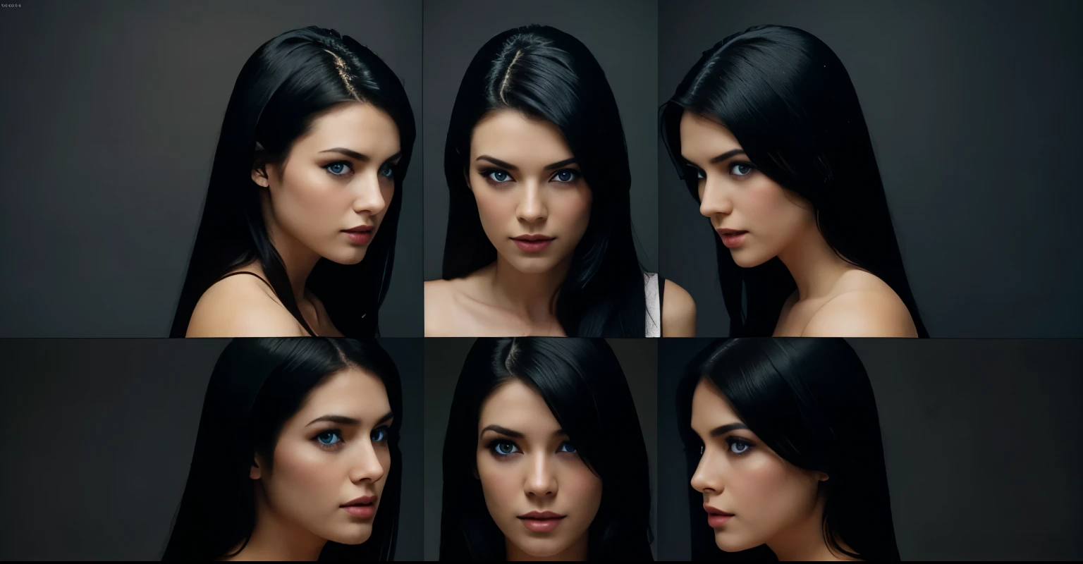 ((Character Sheet), different face expressions, photo realistic, young girl with celestial blue eyes, her sleek black hair framing her fair, porcelain skin, sexy girl, light studio photography, photos with plain background