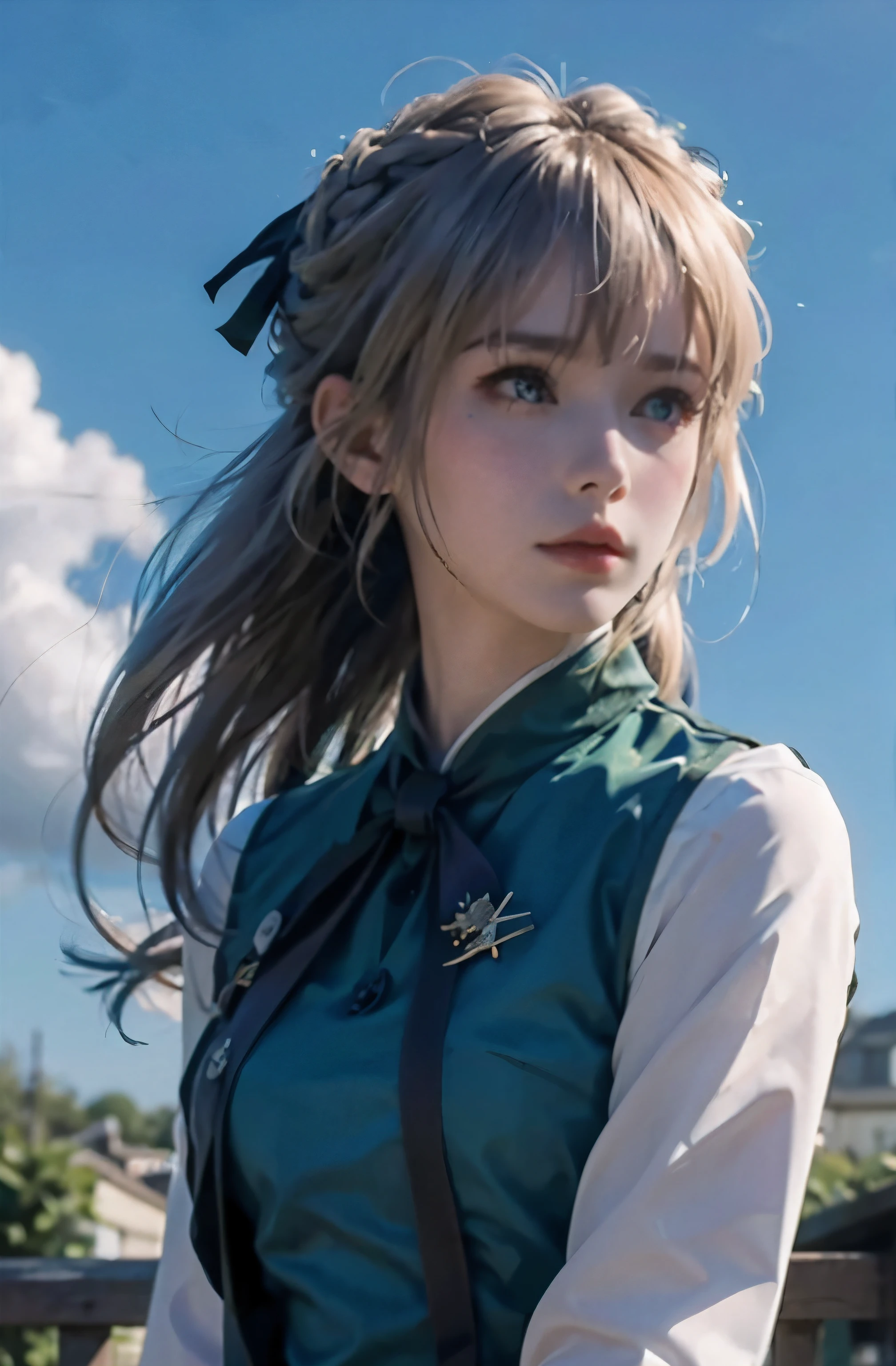 purple, 1 girl, alone, looking at the audience, blue eyes, blonde hair, ribbon, hair between eyes, Green gemstones, close your mouth, jacket, hair ribbon, Upper body, braid, outdoor, Sky空, Sky, cloud, red ribbon, blue Sky空, ascot, hair intake, blue jacket, brooch, white ascot, masterpiece