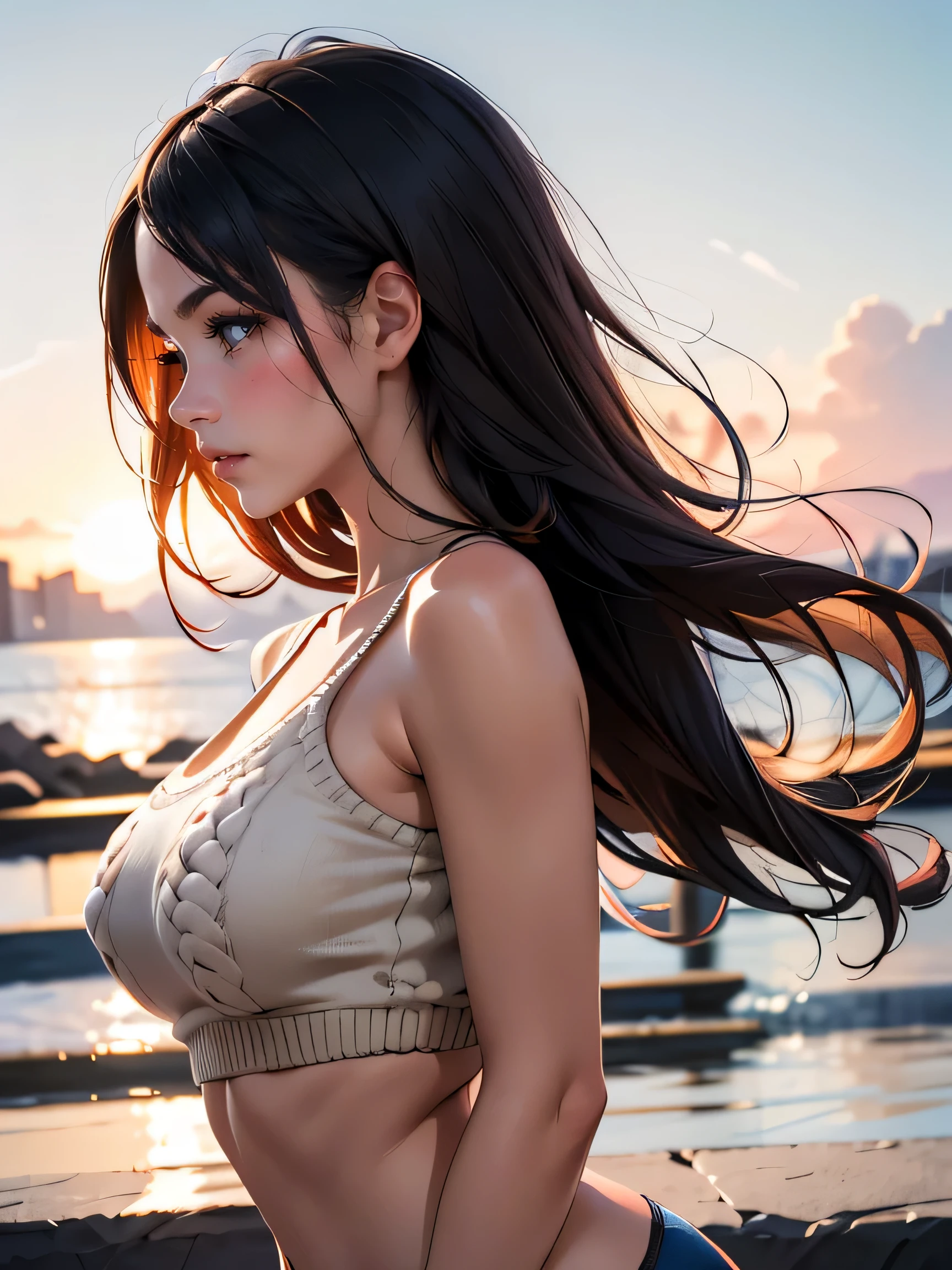 (((HD photo))), ultra high res.photorealistic:. 1.4, UHD, masterpiece, trending on artstation, side profile shot, close up, portrait, pretty, cute girl, most beautiful in the world, perfect hips, soft, delicate, long dark hair, large breasts, wearing comfy sweater, sunkissed, minimal background