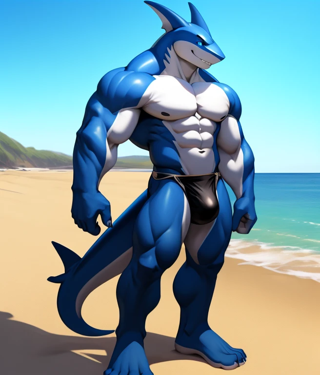 nj5furry, (blue shark, huge), shark, ((extremely realistic shadows, masterpiece, extremely detailed, photorealistic)), kemono, blue skin, blue eyes, Wear a small blue torn loincloth, Beach. Height 185 cm, the optimal height, tight clothing, body full of muscles; ripped abs, V-shaped body, thick waist, long legs, strong arms manly, handsome face, attractive cool calm face type with a cold smile. topless. By chunie. Fin. Massive bulge. Sexy pose.