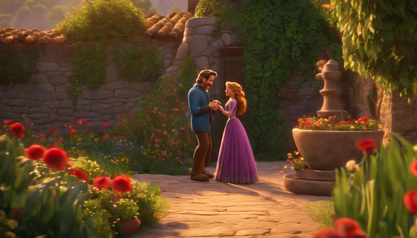 Create a scene for a story in a YouTube video in Pixar format, An image of a happy peasant couple looking at the garden, while the wife expresses her desire for the Rapunzel plant.