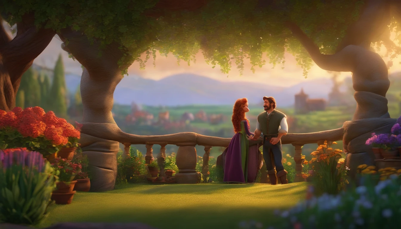 Create a scene for a story in a YouTube video in Pixar format, An image of a happy peasant couple looking at the garden, while the wife expresses her desire for the Rapunzel plant.