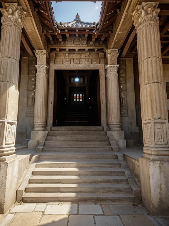 realistic portrait, a wide staircase with an open entrance without doors, the background is a wall of a temple building with many wall reliefs, high resolution, real picture, photography. wide angle, zoom in.