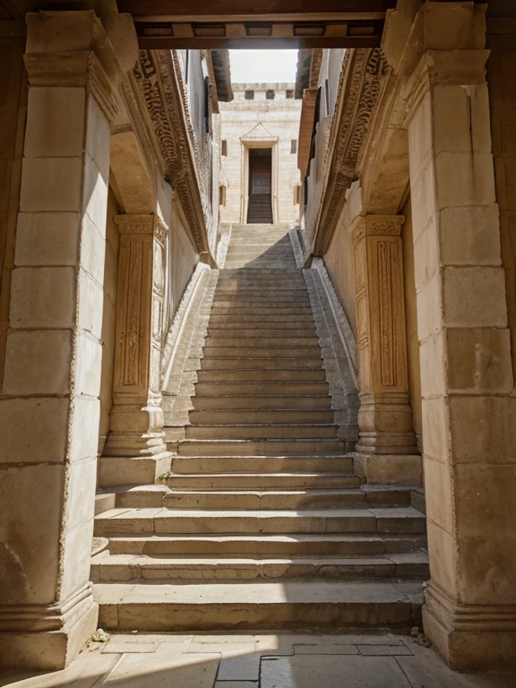 realistic portrait, a wide staircase with an open entrance without doors, the background is a wall of a temple building with many wall reliefs, high resolution, real picture, photography. wide angle, zoom in.