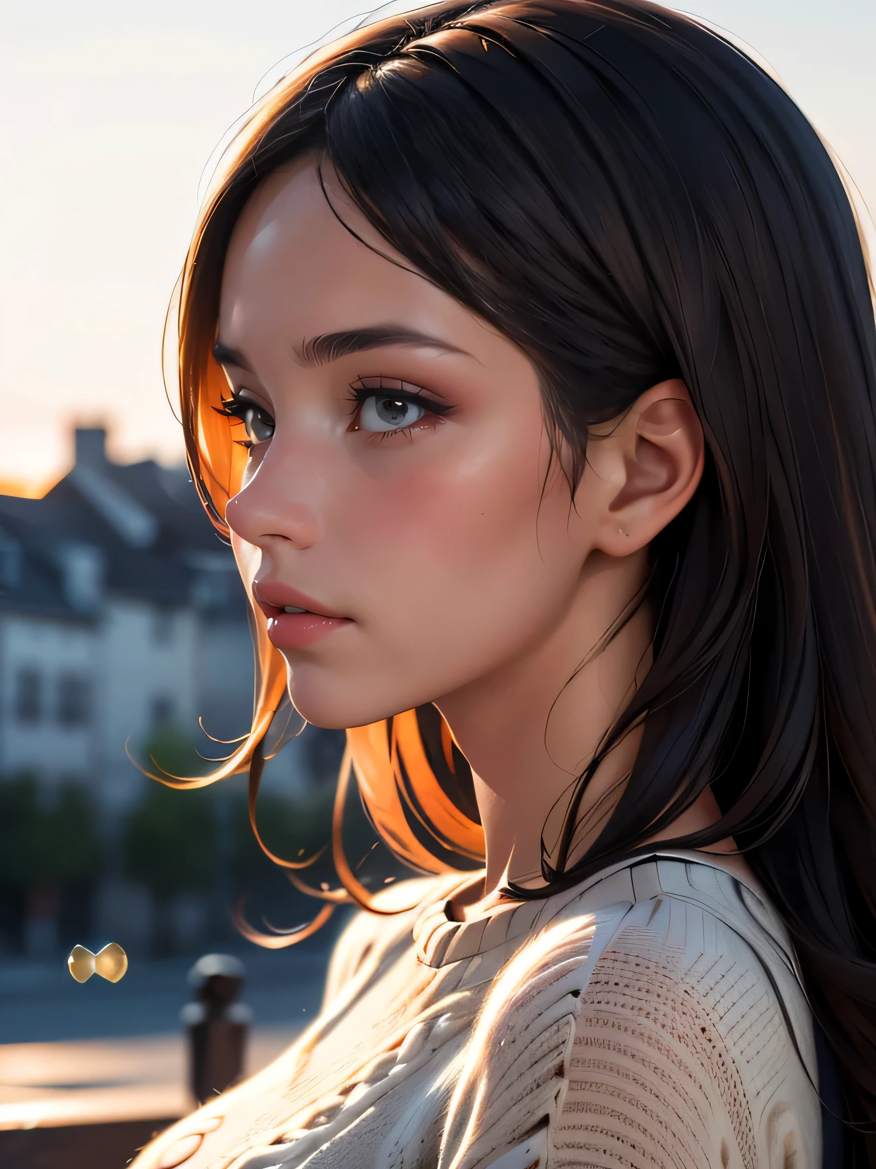 (((HD photo))), ultra high res.photorealistic:. 1.4, UHD, masterpiece, trending on artstation, side profile shot, close up, portrait, pretty, cute girl, most beautiful in the world, soft, delicate, long dark hair, wearing comfy sweater, sunkissed, minimal background