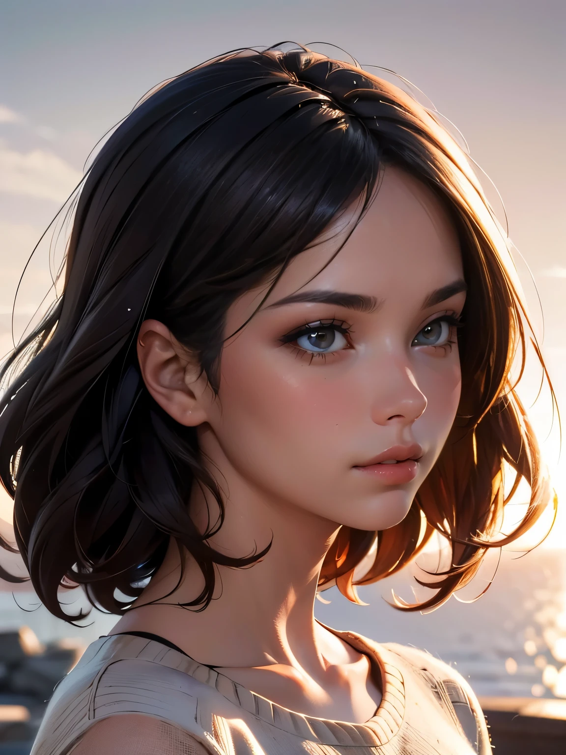 (((HD photo))), ultra high res.photorealistic:. 1.4, UHD, masterpiece, trending on artstation, side profile shot, close up, portrait, pretty, cute girl, most beautiful in the world, soft, delicate, long dark hair, wearing comfy sweater, sunkissed, minimal background