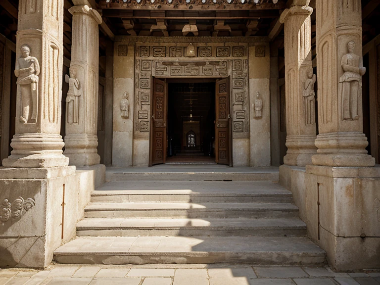 realistic portrait, a wide staircase with an open entrance without doors, the background is a wall of a temple building with many wall reliefs, high resolution, real picture, photography. wide angle, zoom in.