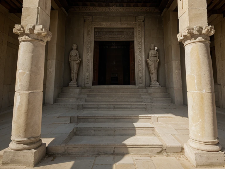 realistic portrait, a wide staircase with an open entrance without doors, the background is a wall of a temple building with many wall reliefs, high resolution, real picture, photography. wide angle, zoom in.