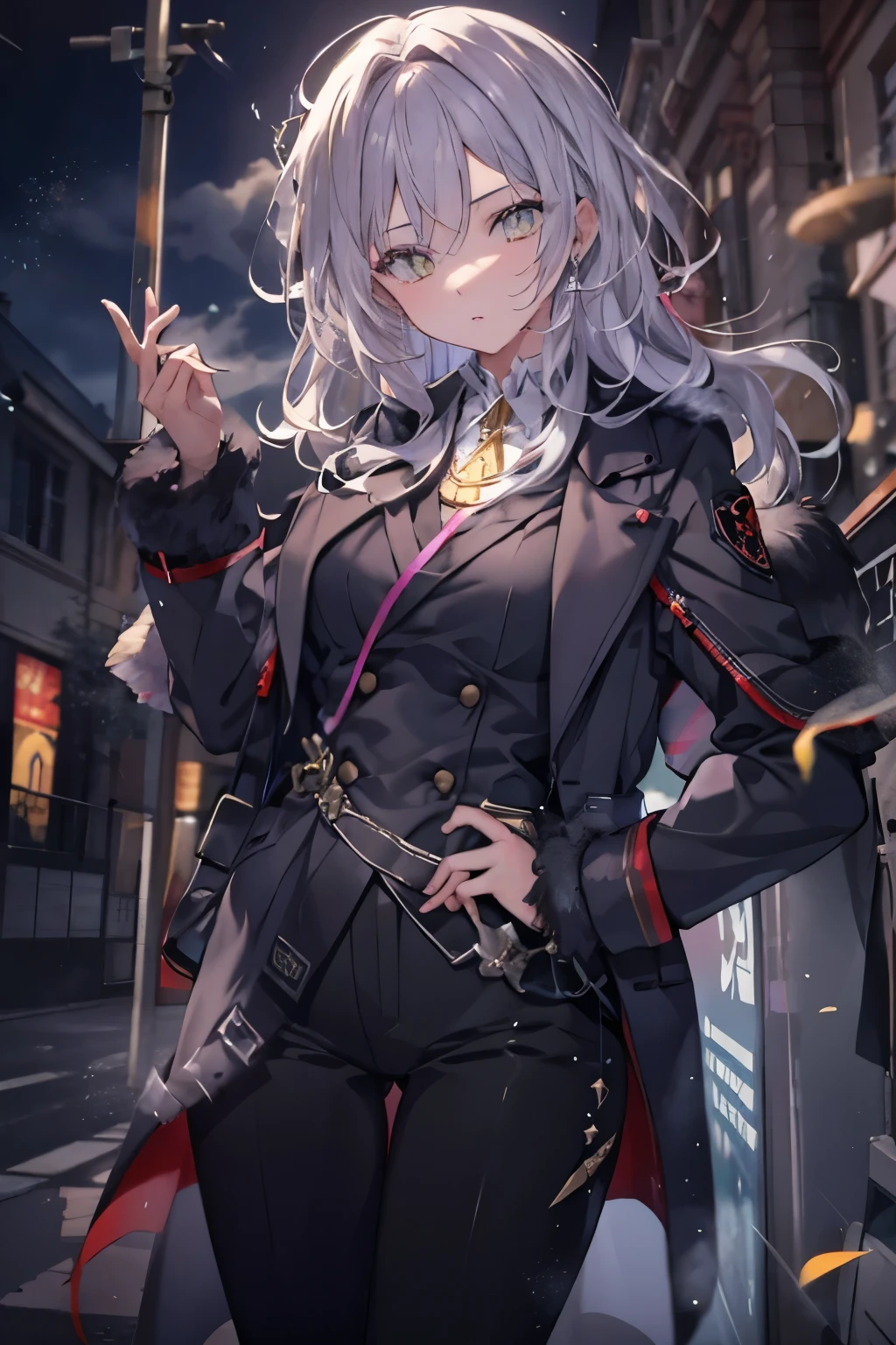 (real:0.2)、anime illustration、1 girl、(((golden eyes))), black coat、、Paris、France、sfv、black pants、black office shirt、、carmen sandigo、、blue sky、、long hair、、dramatic lightning、Lamp light、epic lighting, light falling on face, The light from the rear window is backlit., Face Light, The face is illuminated, fill light, fill light, ((master piece)), (Carmen_Sandigo_v1-1_Shulik-2000:0.6) information, silver hair,