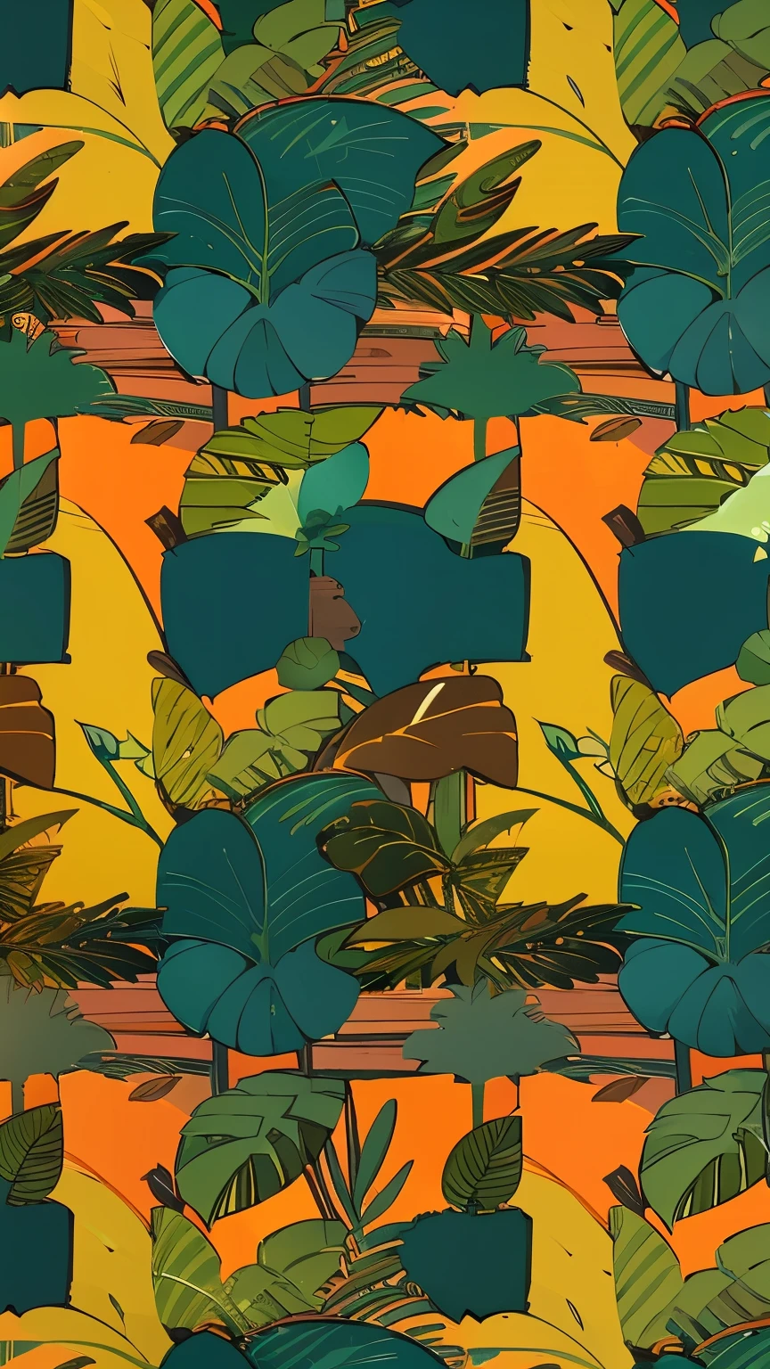 indonesian peaceful forest wallpaper illustration cartoon vivid color, orange, green, grey coloured