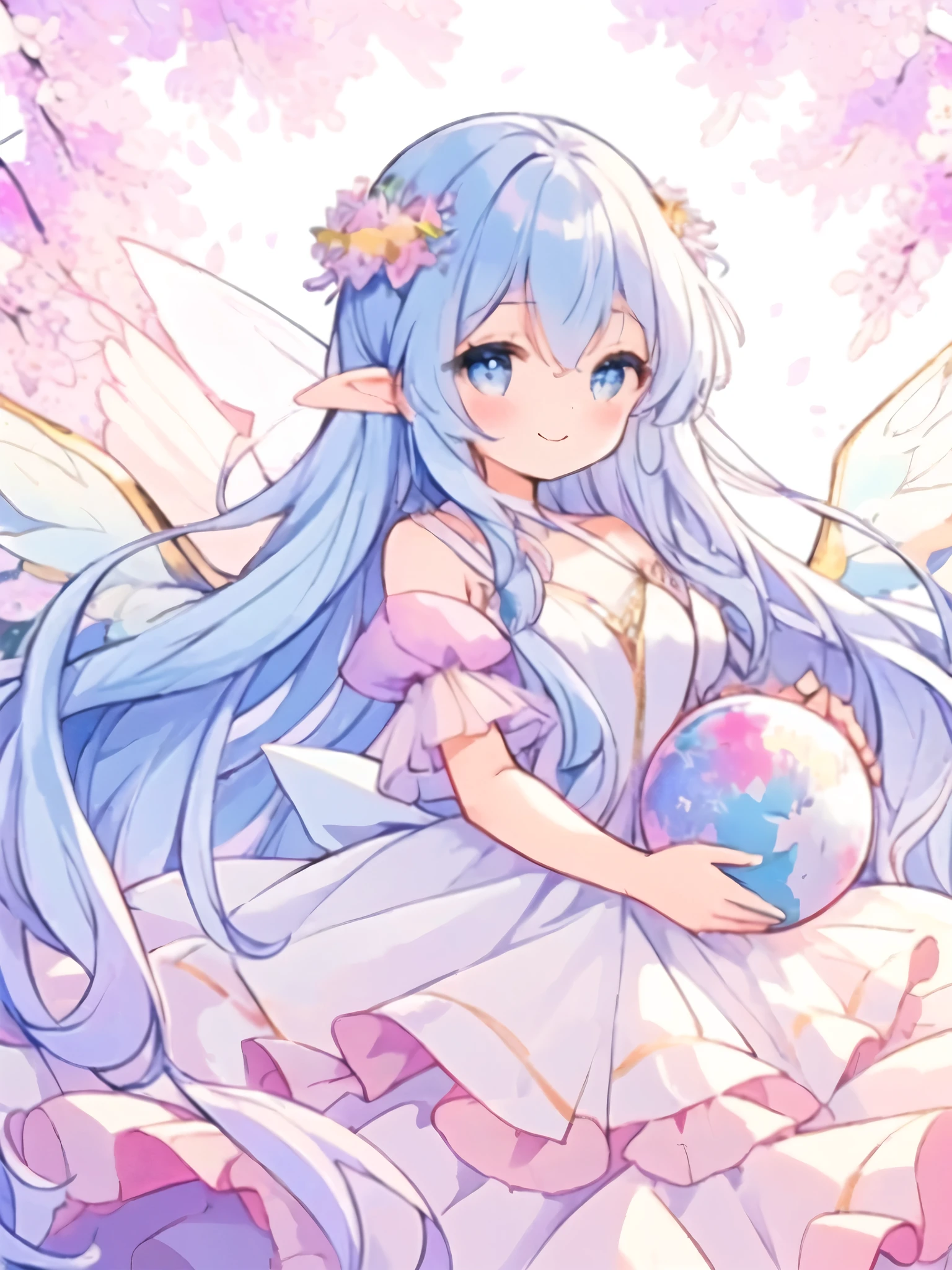 beautiful fairy girl in tiered colorful gradient ballgown dress, highest quality,masterpiece,16K or 8K,Super detailed,gradation glitter ,One piece with plenty of frills、 queen of the fairies, giant white fairy wings、 Flowers and colorful plants, beautiful, masterpiece, highest quality、gradient hair, light blue hair, floating hair, wavy hair,fluffy hair、 very long hair, Hair ribbon at the back of the head, pastel wreath on head,Lavender colored eyes, long eyelashes, beautiful eyes、pointed ears, light smile, bright pupils, ((Sparkling fluffy layered ball gown)), (magic, Whimsical), Long flowing colorful hair, beautiful顔,digital illustration, masterpiece,highest quality,High resolution,Super detailed, masterpiece, highest quality、shiny smile、blue sky、beautiful桜並木、SakuraFubuki、Yaezakura、Yoshino cherry tree、goddess smile、natural makeup、smile with your mouth closed、Floating in the air