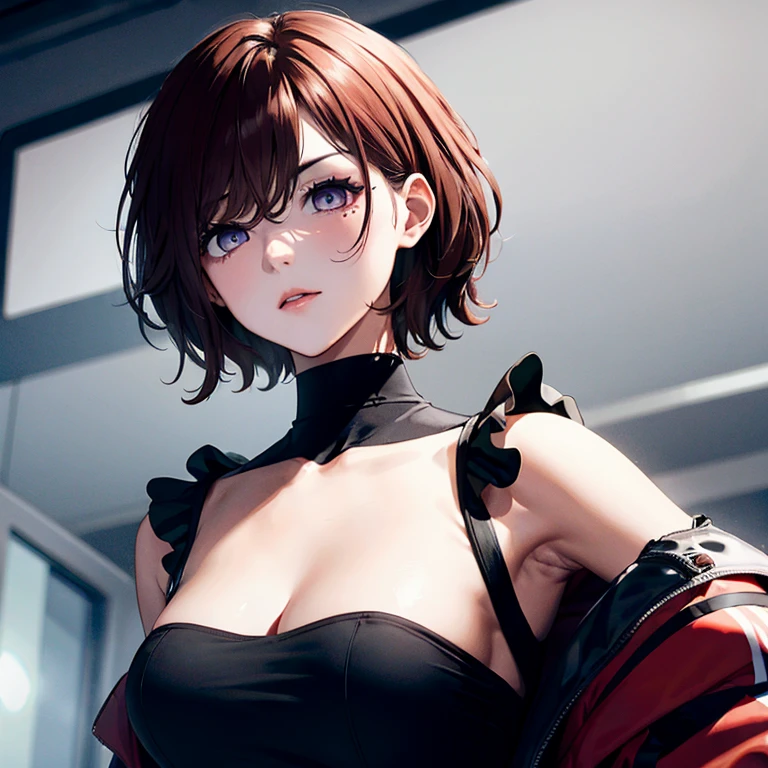 ultradetail(eye:1.7),highest quality、Highest image quality、provocative pose、beautiful cleavage、disheveled clothing、slender、Humiliated face、、ultradetail、small breasts