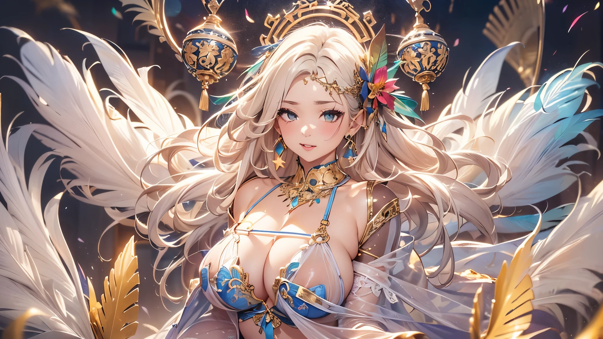 過去最高のmasterpiece、beautiful美しさ, 3D two-dimensional, rich, blonde, skirt, stockings, high heels, star、(Highly detailed CG Unity 8K wallpaper),(masterpiece), (最高quality), (Super detailed), (best work),(best shadow), (sharp eyeliner, eye shadow, fine eye:1.1), (超High resolution,realistic,最高quality,realistic),(8K,RAW photo,最高quality,star),mature woman、sensual curves、huge breasts、thighs、bubble、お尻のmasterpiece, 最高quality, Super detailed, full body shot, mature woman, beautiful mature woman, nightgown and underwear, enchanting smile, thick lips, Chubby lips, blush, looking at the viewer, provocative expression, beautifulhair型, cleavage, Plump、curvy hips、attractive face、sexy lingerie、an inviting gaze、Expression of emotions、Lewd underwear、(((erotic see-through lingerie set)))、Standing position、gorgeous accessories 、big breastsの女性, bare shoulders, 金色のhair, colored feather, metal ornaments, colored flowers, particle, light, (masterpiece, 最高quality, 最高quality, official art, beautiful and aesthetic:1.2), (1 girl:1.3), very detailed,(fractal art:1.1),(colorful:1.1)、(flowers:1.3),most detailed,(zentangle:1.2), (dynamic pose), (abstract background:1.3), (shiny skin), (lots of colors :1.4), ,(earrings:1.4), (feather:1.4),masterpiece, 最高quality, Super detailed, 30~40 years, full body shot, beautiful 、さまざまなhair型，gold headband，plump breasts，beautiful，greek clothing，Tulle covers the breasts，perfectly proportioned, detailed clothing details,marble，god statue，cinematic lighting, film grain, 8K, masterpiece, Super detailed, high detail, 高quality, High resolution,(((NSFW:1.2)))、exposed chest、Openwork decoration，(((see through dress)))、(((解剖学的に正しいbody))) , 最高quality, Super detailed, (((Lewd underwear)))、raise your butt, from below, (((R-18)))、thighs, big breasts, Are standing, cowboy shot, blush, (((1 girl))), (masterpiece:1.3), (High resolution), (8K), (very detailed), perfect face, Nice eye and face, (((最高quality))), (Super detailed), detailed face and eye, (alone), beautifuleye,(((sexy pose)))、(((整ったbig breasts)))、((beautiful eye))、luxury、(((超High resolution)))、(((detailed description)))、(((ぽっちゃりbody型)))、(((解剖学的構造に一致したbodyの部位)))、beautiful長いまつ毛、バランスのとれたbody型,2 feet、Just the right size for your legs and arms、Fishnet tights、glamorous、(((Clear white and black eye)))、lipstick、Sparkling、(Undistorted face, eye, body)、jewelry、gem、(長くカールしたbeautifulまつ毛)、(((バランス良いbeautiful胸)))、(transparent, Exquisite skin:1.2)、(((完璧なglamorousボディー)))、actress face、Super beautiful、Cute smile、Healing beauty、Flower shower、完璧なeye、realistic depiction、Super sexy、glossy、Glamorous、double eyelids、Good dark makeup、makeup、ぼやけていないeye , expensive_quality, expensive_solve, masterpiece*I wore, whitespace, colorful, 1 girl, alone, white_hair, prism hair, [pink|green] eye, gradient eye, multicolored eye, shine eye, shine, Sparkling, shine white particles, wind lift, full_body, Severe,
