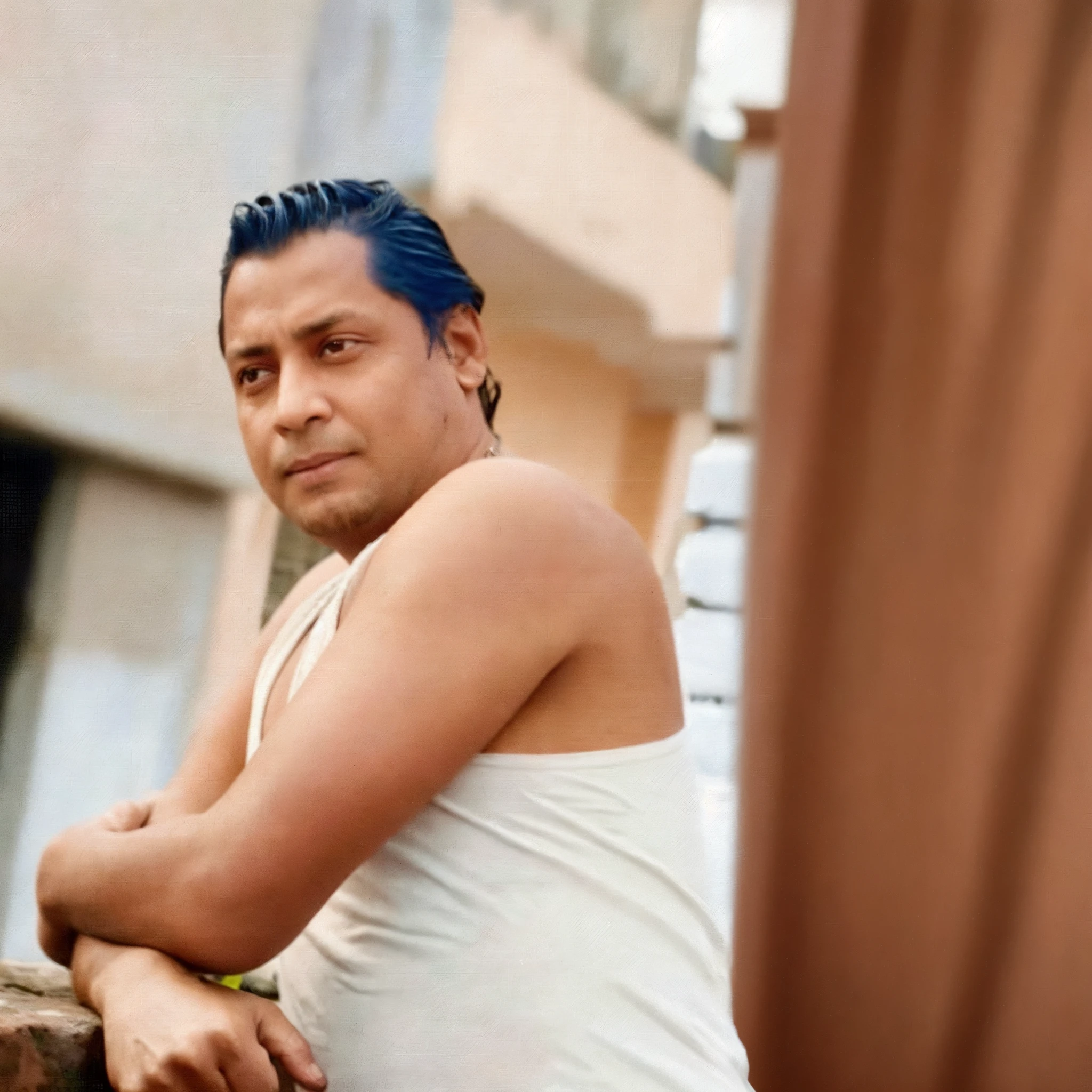 there is a man with blue hair leaning on a brick wall, ranjit ghosh, inspired by Sudip Roy, 4 0 years old man, inspired by Bikash Bhattacharjee, taken in the early 2020s, by Sudip Roy, ashoka tano, profile pic, about 3 5 years old, handsome man